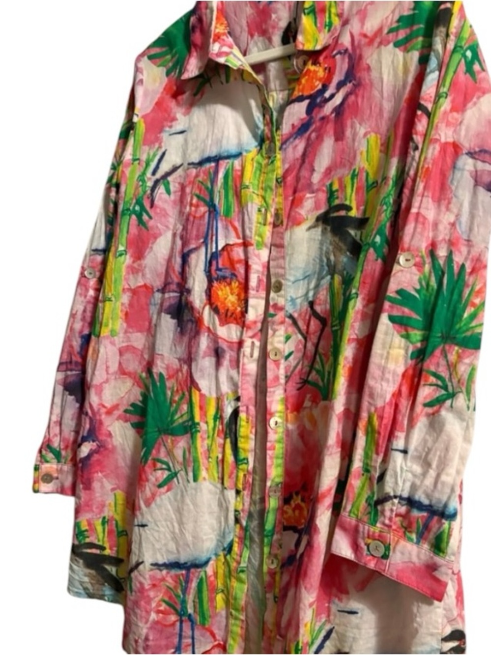 Soft Surroundings XL Tropical Bird Floral Button Front Roll Tab Blouse Colorful - Picture 8 of 13